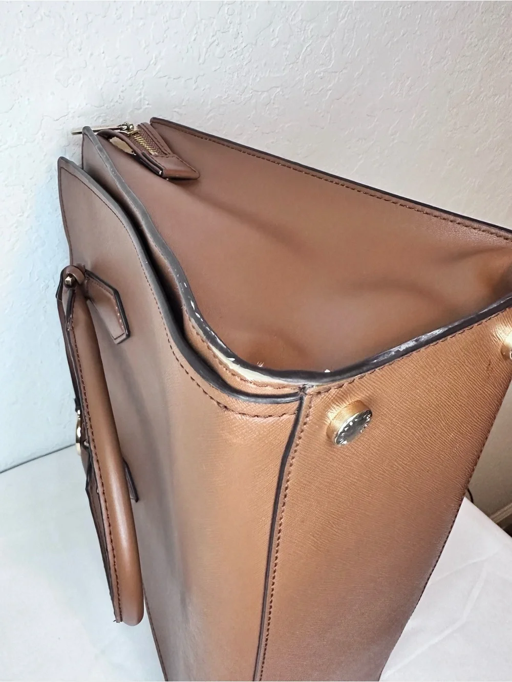 Michael Kors Sutton Medium Saffiano Leather Satchel Brown Gold